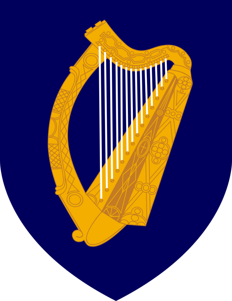 Gold harp with silver strings on a blue background, representing the coat of arms of Ireland.