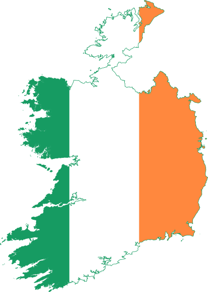 Map of Ireland with the Irish flag overlaying the country's geographical shape.