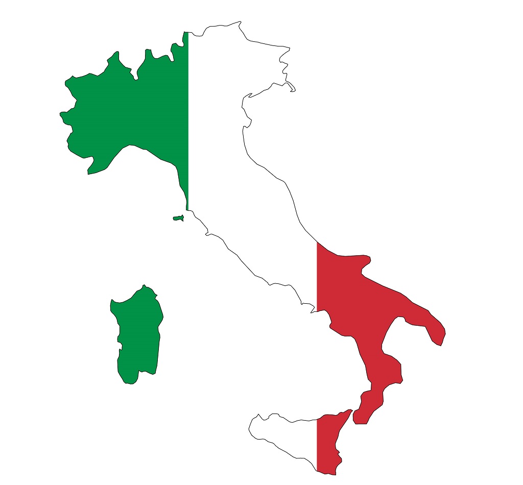 Map of Italy with the Italian flag colors, green, white, and red, overlaying the country's geographical shape.