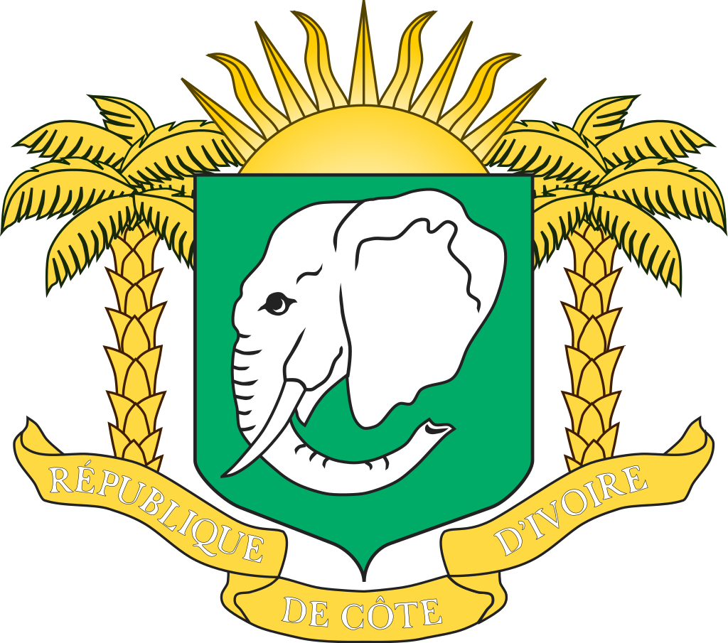 Coat of arms of Ivory Coast featuring an elephant head on a green shield, with a rising sun and a banner inscribed with "République de Côte d'Ivoire".