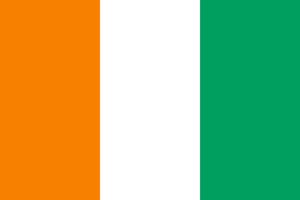 Flag of Ivory Coast with three vertical stripes of orange, white, and green.