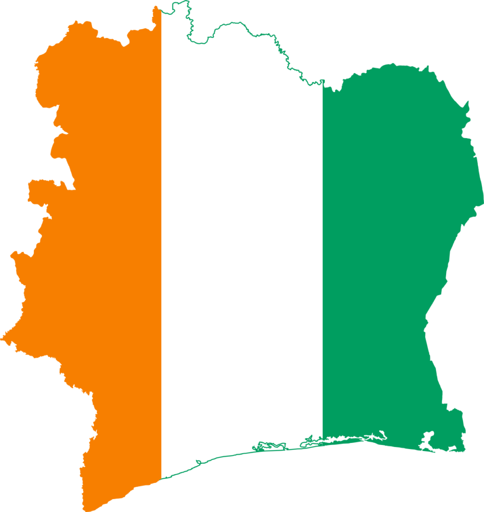 Map of Ivory Coast with the national flag overlay.