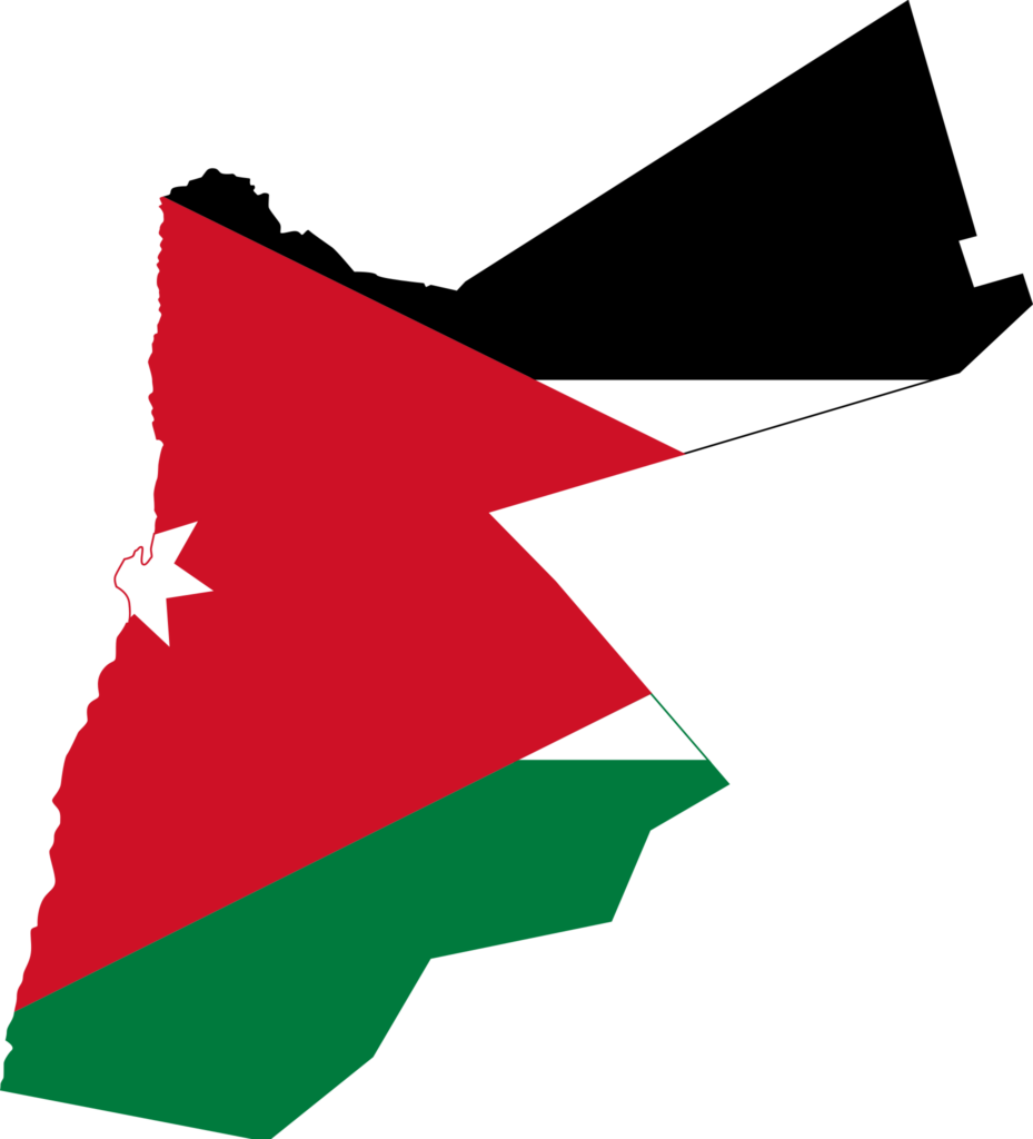 Map of Jordan shaped with the Jordanian flag colors, red with a white star and triangle, and green and white horizontal stripes at the bottom.