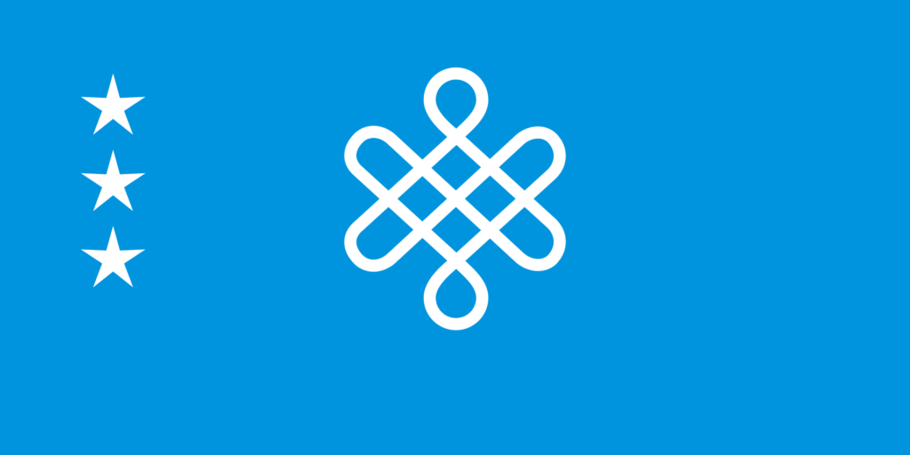 A light blue flag with a white traditional Kazakh pattern in the center and a vertical row of three white stars to the left.