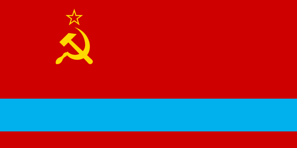 Flag of the Kazakh Soviet Socialist Republic with a red field, a blue horizontal stripe, and a golden hammer and sickle beneath a star in the upper-left corner.