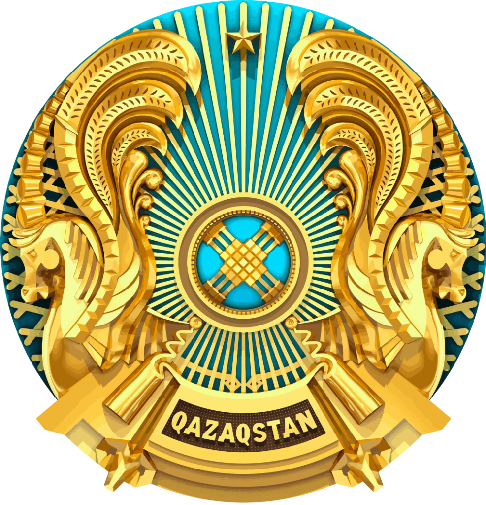 Coat of arms of Kazakhstan featuring a shanyrak (silhouette of a yurt top) against a sky blue background, flanked by mythical horses, with a five-pointed star at the top and the name "Qazaqstan" at the bottom.