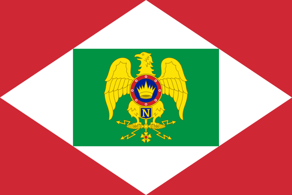 Historical flag of the Kingdom of Italy with a white cross on a red field and a green center featuring an eagle and a shield with the letter 'N'.