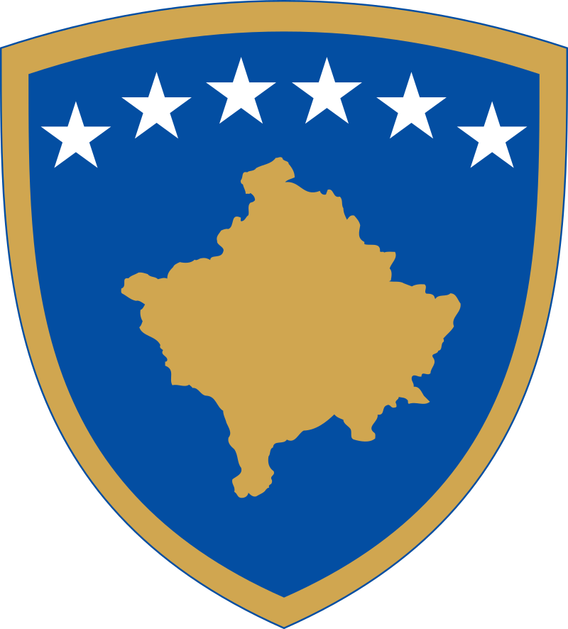 Coat of arms of Kosovo featuring a golden map on a blue shield with six white stars above.