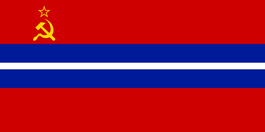 Flag of the Kyrgyz Soviet Socialist Republic with a red field, blue and white horizontal stripes, and a golden hammer and sickle with a star in the canton.