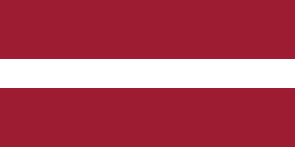 Flag of Latvia with a horizontal white stripe in the center bordered by two dark red bands.