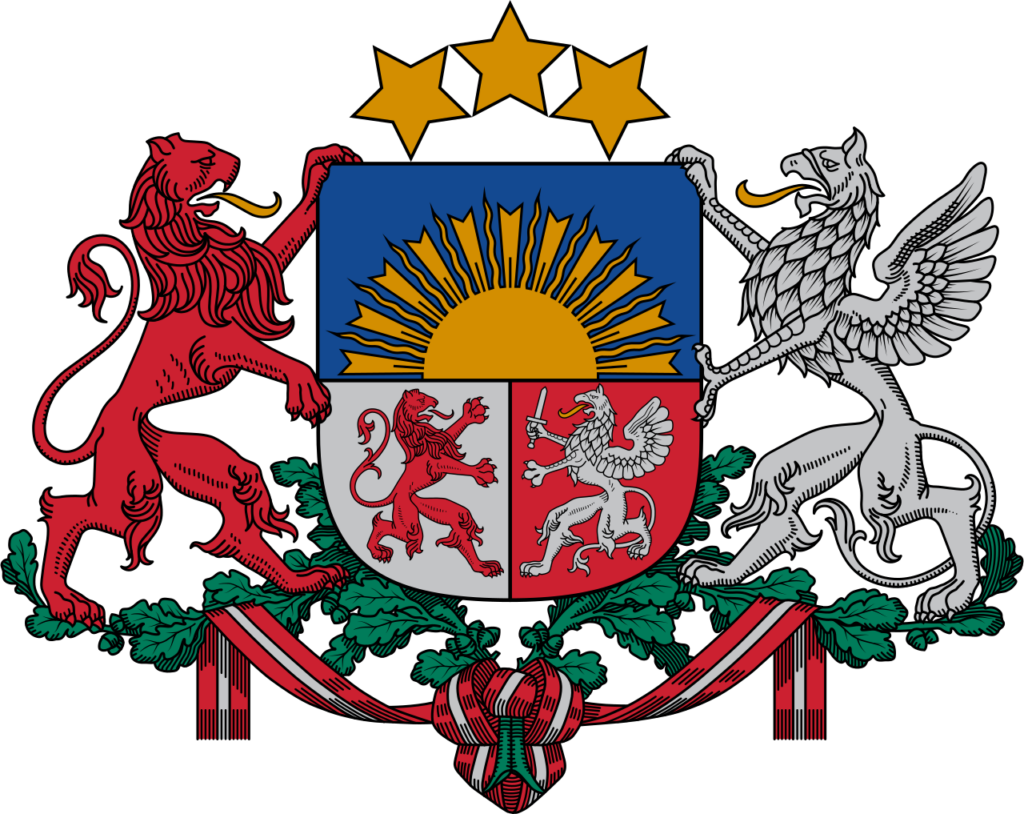 Coat of arms of Latvia featuring a red lion and a silver griffin supporting a shield with a rising sun above a red lion, all topped with three gold stars.