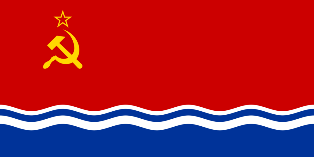 Red flag with a wavy blue stripe at the bottom, featuring a gold star and hammer and sickle in the upper left corner.