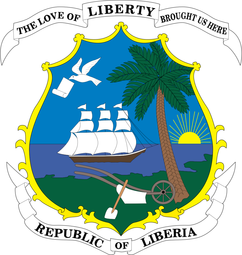 Coat of arms of Liberia featuring a shield with a ship, palm tree, plow, and shovel, with a scroll above reading "The Love of Liberty Brought Us Here" and a banner below with "Republic of Liberia".