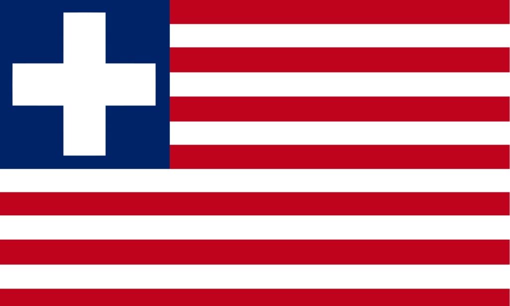 Historical flag of Liberia with horizontal red and white stripes and a white cross on a blue square in the upper left corner.