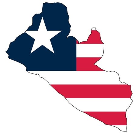 Map of Liberia with the Liberian flag superimposed on it.