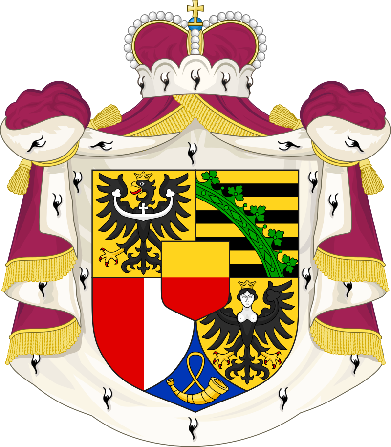 Coat of arms of Liechtenstein featuring a shield with quadrants containing an eagle, a crown, stripes, and a figure, flanked by draped mantling and topped with a princely crown.