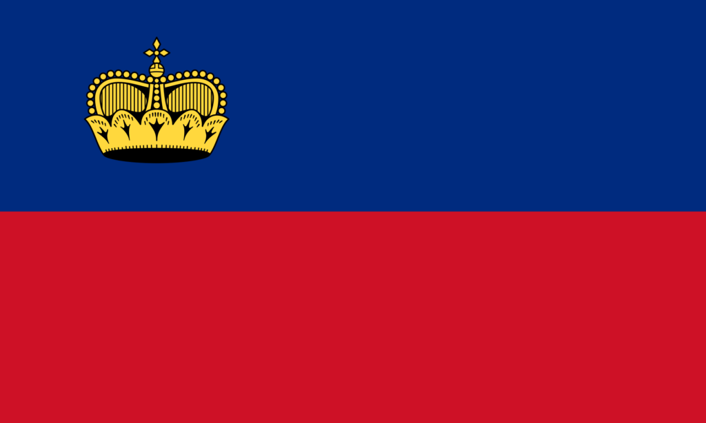 Flag of Liechtenstein with two horizontal bands of blue on the top and red on the bottom, with a gold crown in the upper left corner.