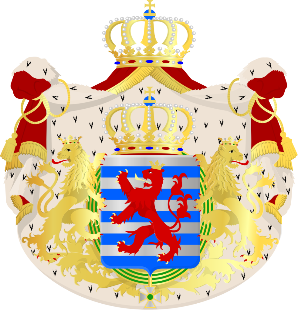 Coat of arms of Luxembourg featuring a red lion on a striped blue and white background, flanked by two lions, with a crown on top and a cloak with ermine pattern.