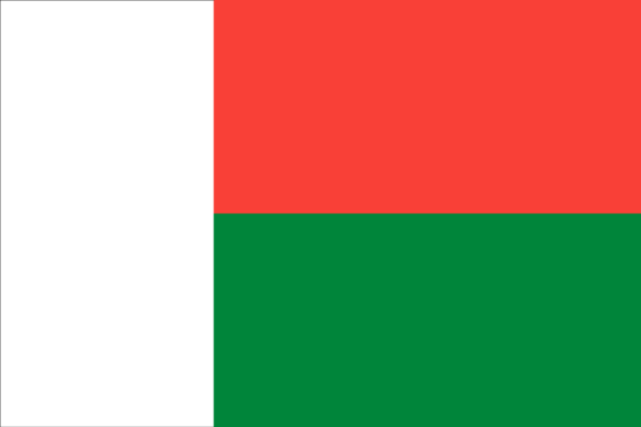 Flag of Madagascar with two horizontal bands of red and green and a vertical white band on the hoist side.