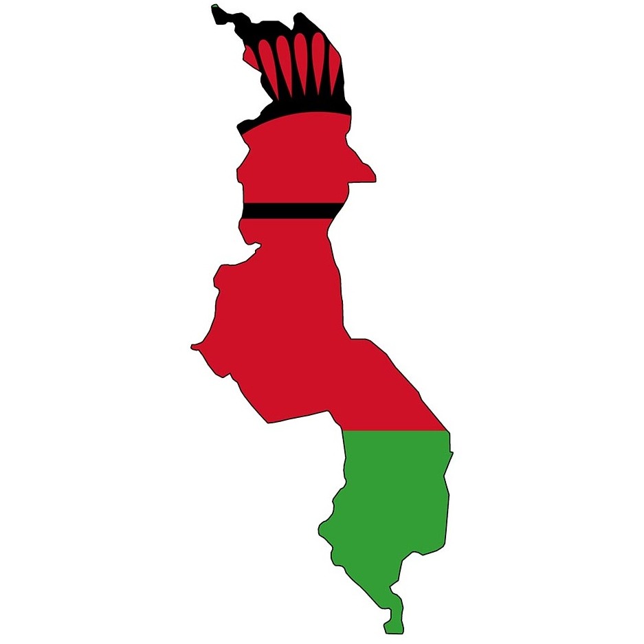 Map of Malawi with the national flag overlay.