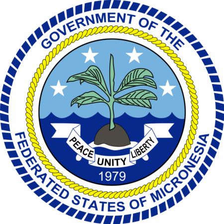 Coat of arms of the Federated States of Micronesia featuring a palm tree, traditional navigation symbols, and the words "Peace Unity Liberty" with the year 1979.