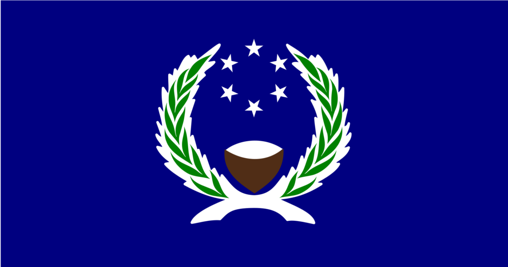 A blue flag with a circle of white stars above a green wreath encircling a brown and white traditional cup on a white pedestal.