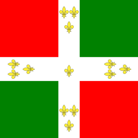 Flag with quadrants of red and green separated by a white cross, each quadrant featuring a yellow fleur-de-lis.