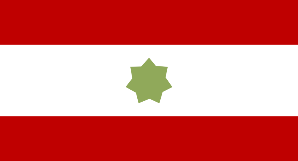 Flag with three horizontal stripes, red on the top and bottom and white in the middle, with a green eight-pointed star in the center.