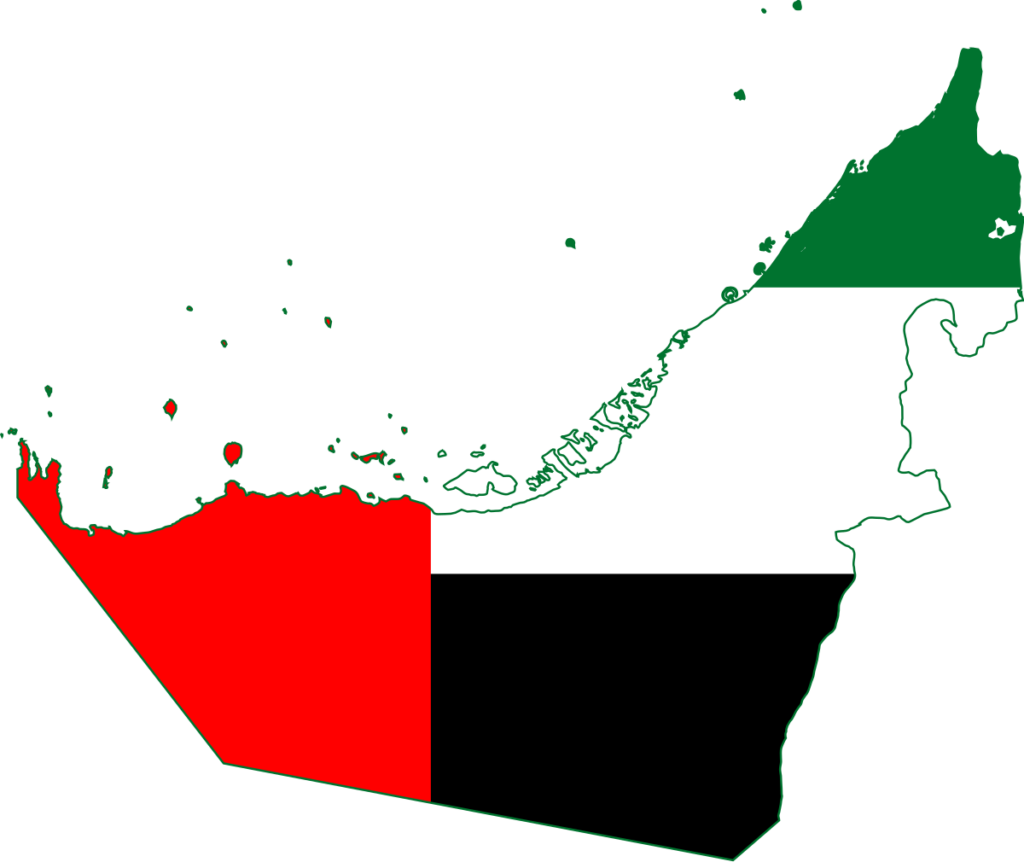 Map of the United Arab Emirates with the national flag overlaying the country's geographical shape.