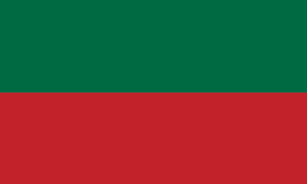 Green and red flag, possibly representing Lithuania, displayed at a conference in Vilnius.