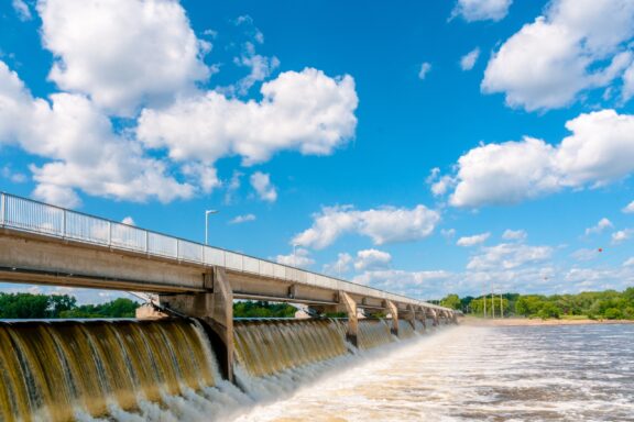 Water from the Mississippi River flows through the Coon Rapids Dam in Anoka County, Minnesota.