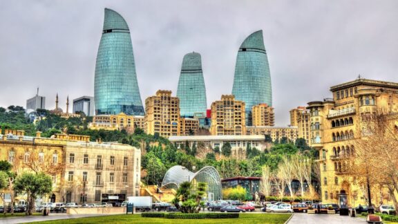 A view of the Baku city center in Azerbaijan on a cloudy day.