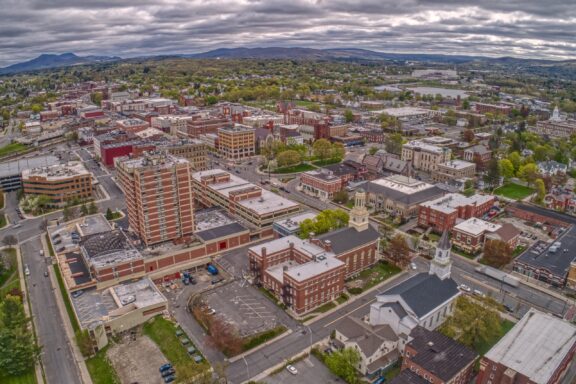 An aerial view of downtown Pittsfield, Massachusetts, the county seat of Berkshire County.