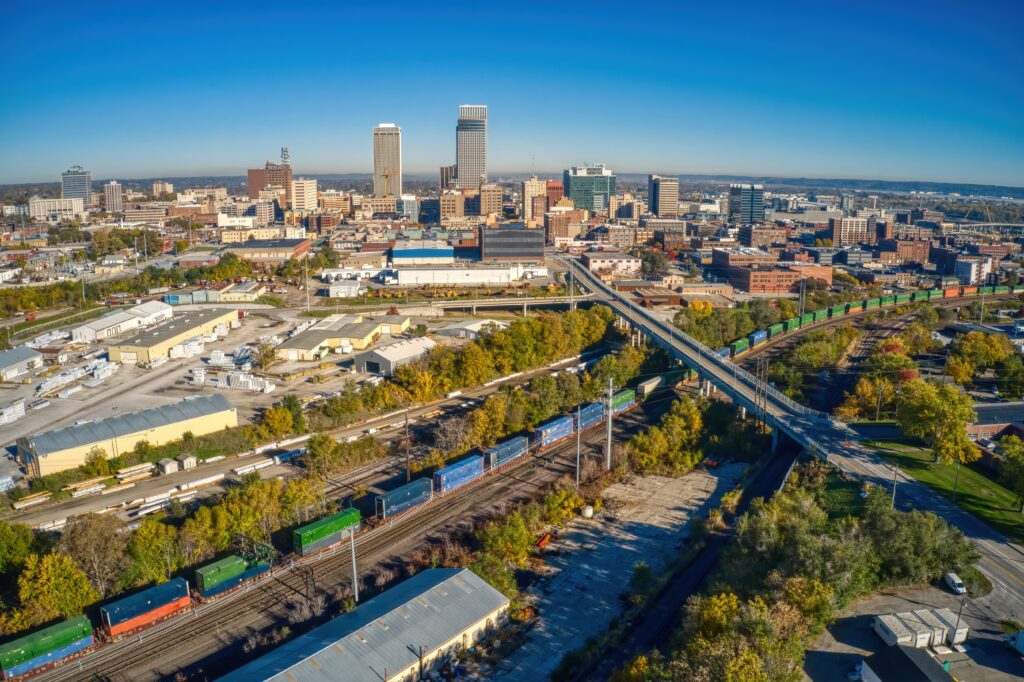 An aerial view of downtown Omaha, Nebraska during an autumn day.