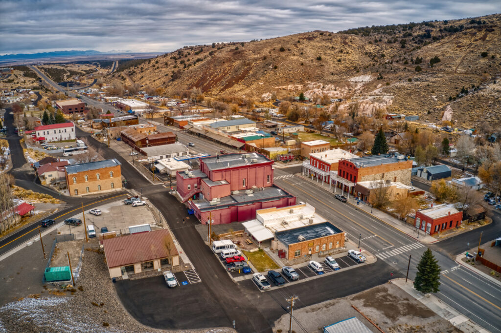 An aerial view of Eureka, Nevada during a cloudy day.