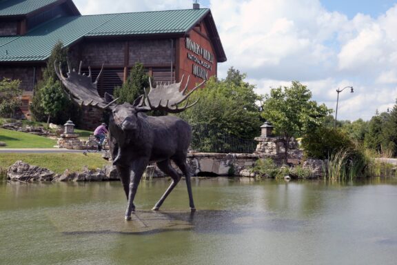 A metal moose sculpture stands in the water at a store in Missouri’s Greene County.