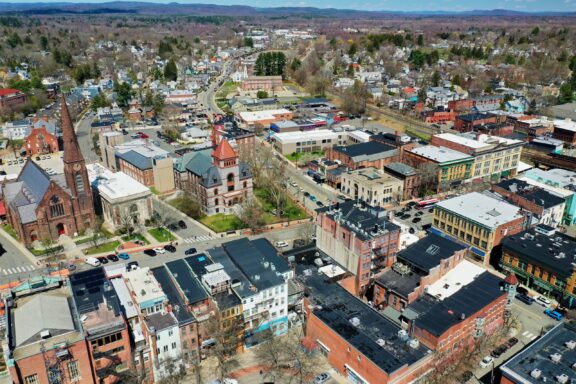 An aerial view of Northampton, Massachusetts on a sunny day.