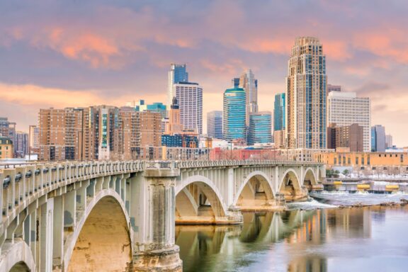 A view of a bridge leading into downtown Minneapolis in Minnesota’s Hennepin County.