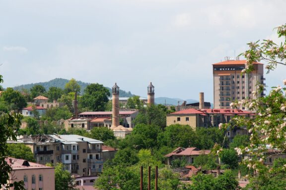 The city of Shusha, Azerbaijan can be seen from a distance.