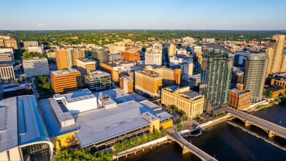 An aerial view of Grand Rapids, Michigan at sunset.