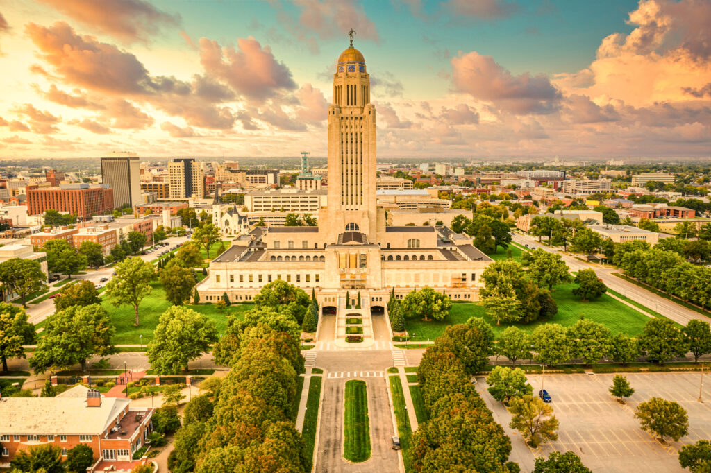 A view of the State Capitol building in Lincoln, Nebraska.