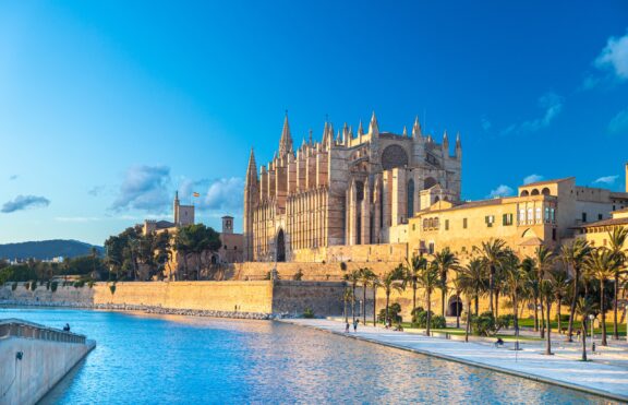 A giant cathedral overlooks the water in Majorca, one of the most beautiful islands in the Mediterranean.