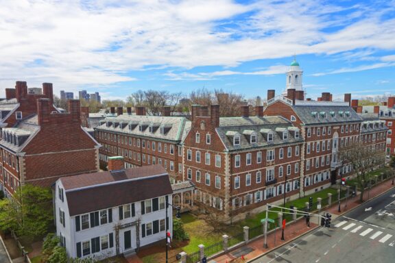 An aerial view of brick buildings in Cambridge, Massachusetts.