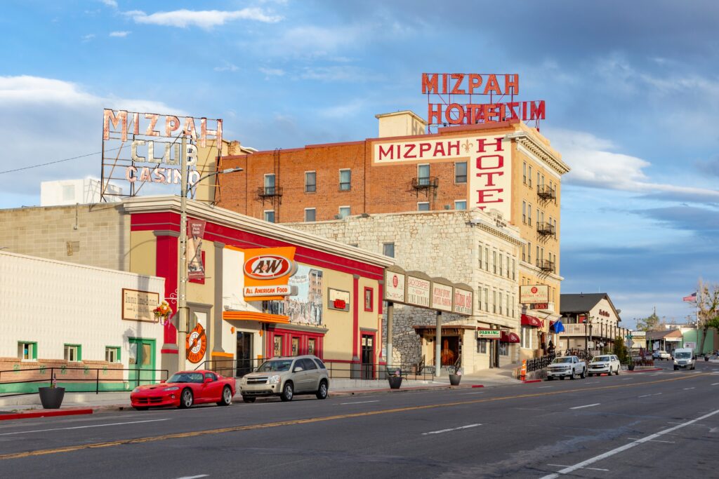 The Mizpah Hotel stands next to the main road in Tonopah, Nevada.