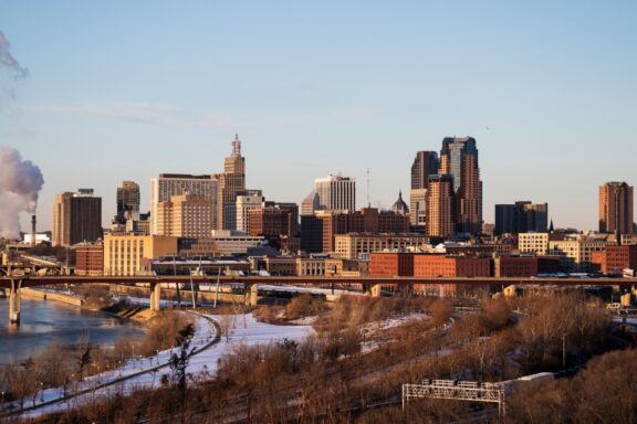 Snow is on the ground in St. Paul, Minnesota on a clear day.