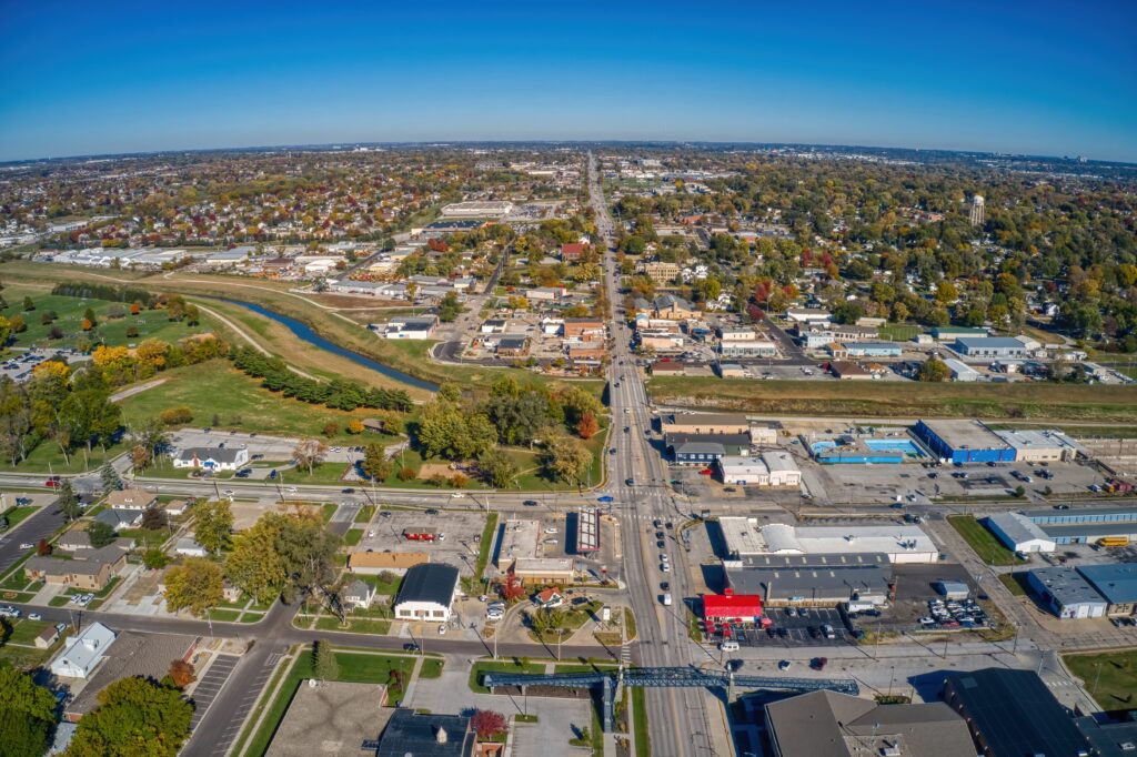 An aerial view of Papillion, Nebraska on a clear day.