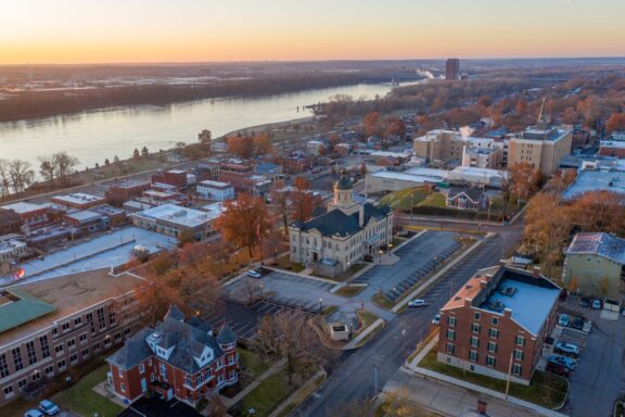 An aerial view of St. Charles, Missouri near dawn.