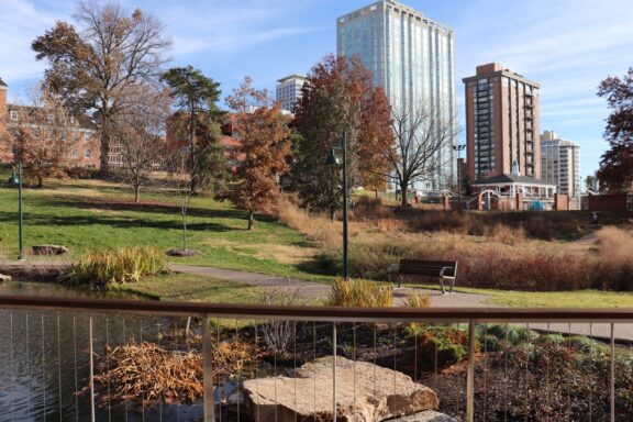 A view of buildings standing beyond a park with trees and a water feature in Clayton, Missouri.