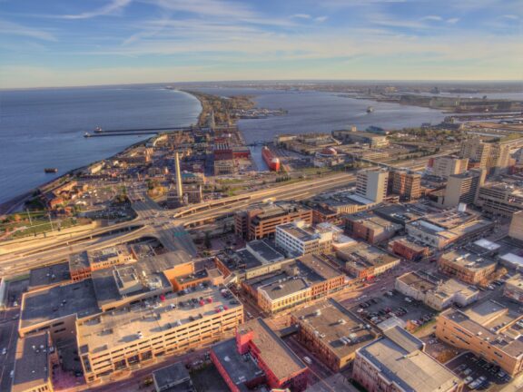 An aerial view of Duluth, Minnesota and its port before sunset.