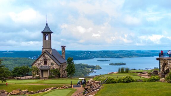 The stone Chapel of the Ozarks looks out over Table Rock Lake in Taney County, Missouri.